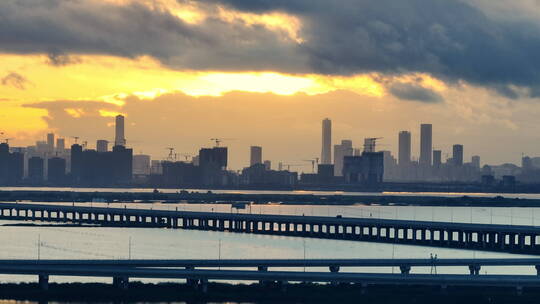 粤港澳大湾区珠海横琴城市天际线丁达尔光线