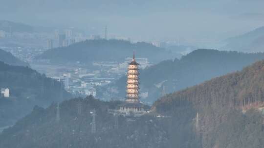 日出 朝霞 晨雾 早晨 庆元县城山川宝塔