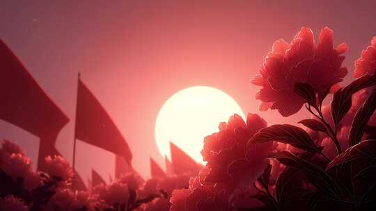 红色花海旗帜飘扬于日落时分