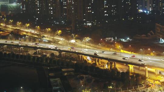 航拍夜晚杭州市区高架