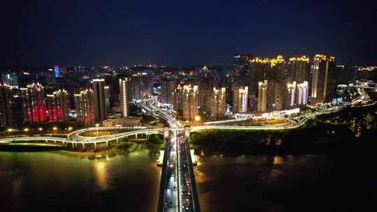 福建泉州晋江大桥田安大桥夜景灯光交通航拍