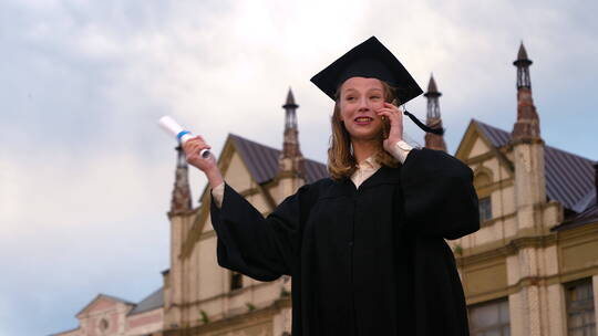 女孩开心的在毕业典礼上拨打电话视频素材模板下载
