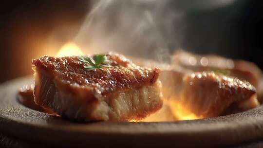 滋滋冒油的烤肉美食令人食欲大增