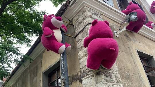 山东济南经三路，老建筑墙角挂满粉色草莓熊