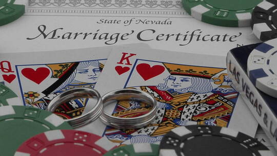 结婚戒指和结婚证放在扑克牌和筹码上