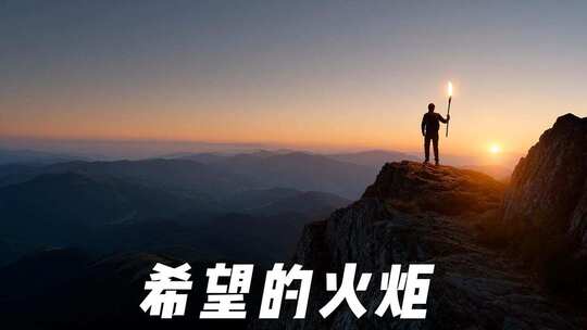 希望的火炬山顶火炬手与日出