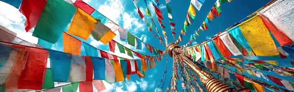 蓝天白云下的经幡特写格桑花歌曲背景