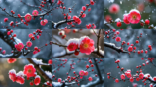红梅瑞雪梅花下雪高清在线视频素材下载