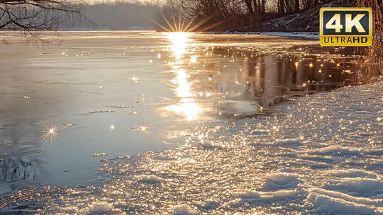 海螺沟冰川湖面结冰落日夕阳自然风光特写