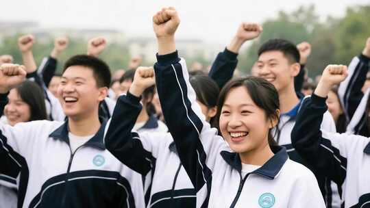 学生群体振臂欢呼场景