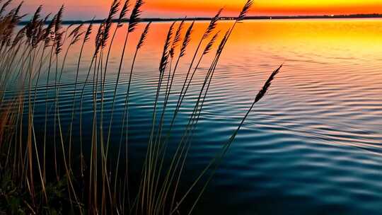 湖畔夕阳下的植物特写