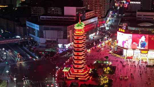 中国河南郑州二七广场 二七塔 夜景航拍