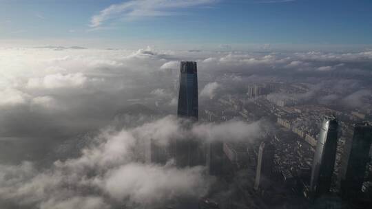 航拍东莞城市南城国贸CBD日出云海延时