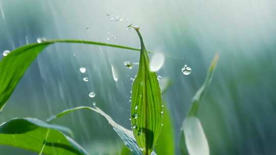 雨中的豌豆苗小草嫩芽在细雨中