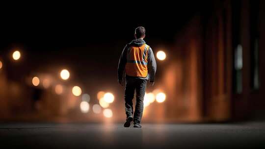 夜幕下身穿反光衣的市政人员孤独前行