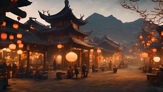 中国古镇夜晚张灯结彩充满节日气氛