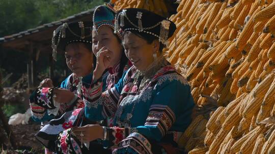 乡村民族视频彝族妇女晾晒包谷垛做刺绣手工