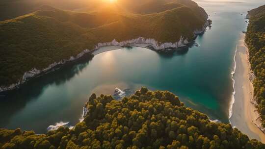 航拍山海相间日落美景