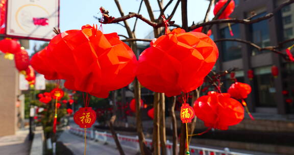 小区春节灯笼氛围新年空镜头4k