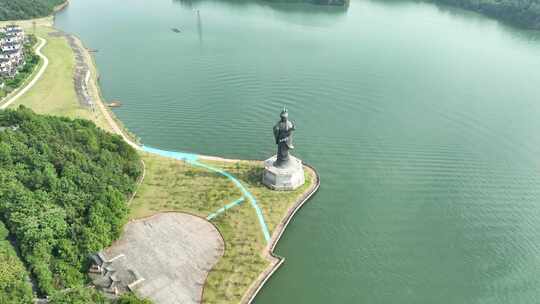 鄱阳湖国家湿地公园饶娥雕像航拍湖泊风景