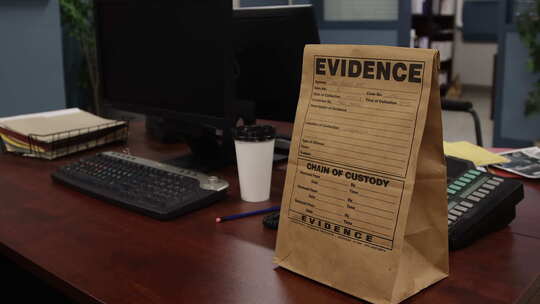证据袋放大到警察局的桌子上