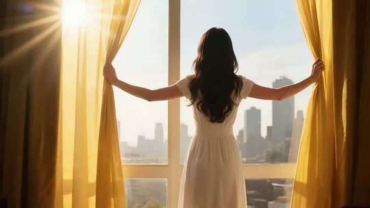 女子窗边拉开窗帘迎接阳光