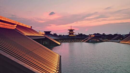 日落时分航拍广富林文化遗址建筑风光