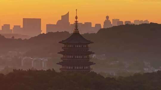 航拍西湖雷峰塔日出朝霞