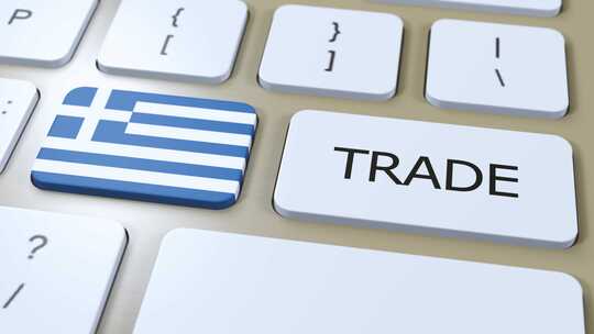 按钮3D动画上的希腊国旗和贸易文本