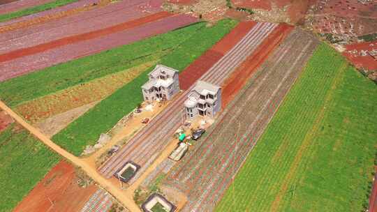 航拍农田与乡村住宅景观