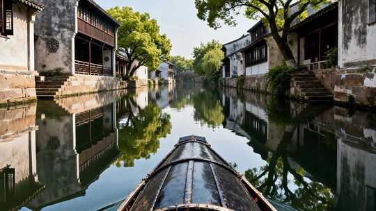 江南水乡河道乘船景象