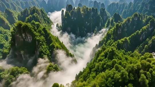 云雾缭绕的高山森林景观