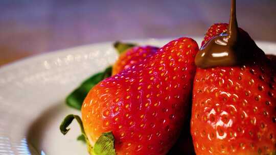 草莓派制作草莓上挤巧克力酱