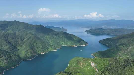 航拍湖南省资兴市东江湖风景区湖光山色景观