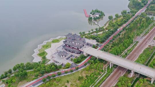 绍兴迪荡湖公园亭台楼阁全景,城市交通