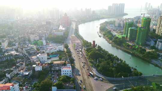 海南海口高视角航拍俯瞰早晨阳光下建筑风景