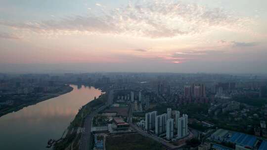 湖南省衡阳市石鼓区合江套城市夕阳航拍4k