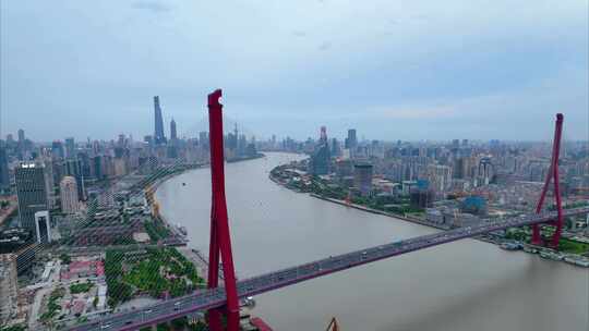 上海市浦东新区杨浦大桥城市车流船只船舶航视频素材模板下载