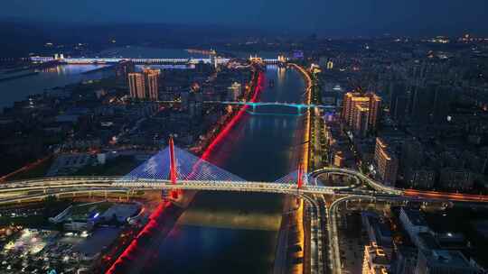 航拍宜昌城市至喜大桥蓝调夜景