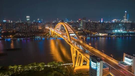 上海卢浦大桥交通车流航拍延时夜景