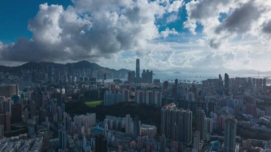 香港城市航拍延时九龙区港岛大景蓝天白云