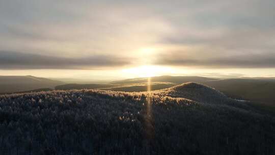 航拍大兴安岭雪色山林阳光照耀