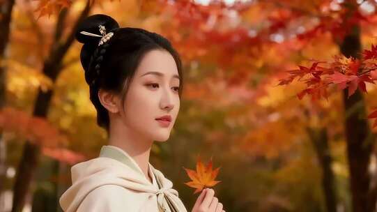 古风女子手持枫叶于枫树林中