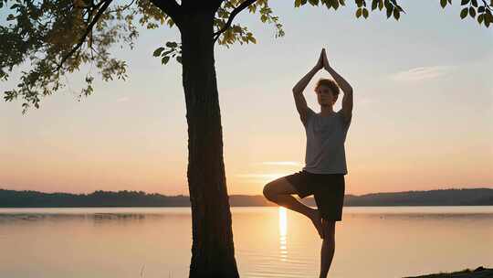 春天瑜伽冥想湖边日落健康生活方式