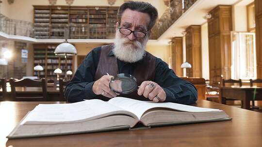 戴眼镜的老人用放大镜阅读书籍