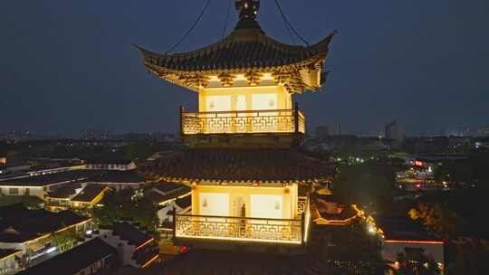 上海嘉定法华塔州桥老街夜景航拍视频素材模板下载
