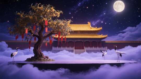 古风月夜宫殿与仙鹤场景