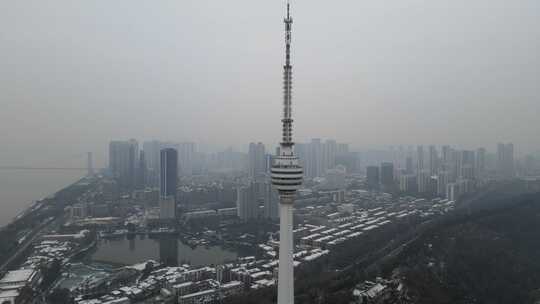 武汉汉阳区龟山电视塔雪景航拍