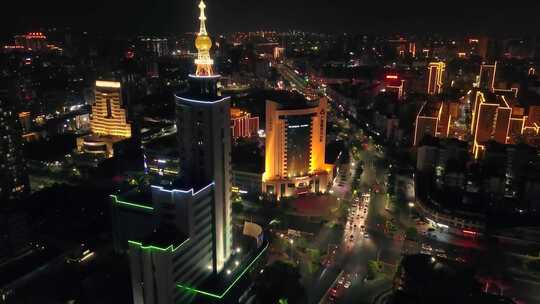 航拍揭阳电信大楼夜景 揭阳夜景车流