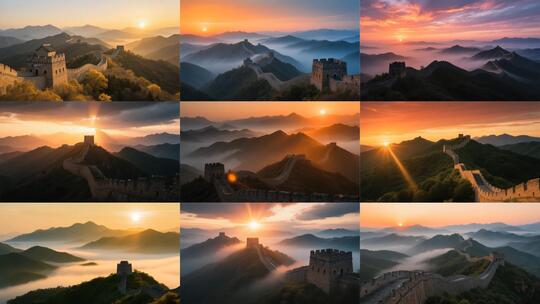 航拍云雾缭绕的壮美万里长城云海日出延时高清在线视频素材下载